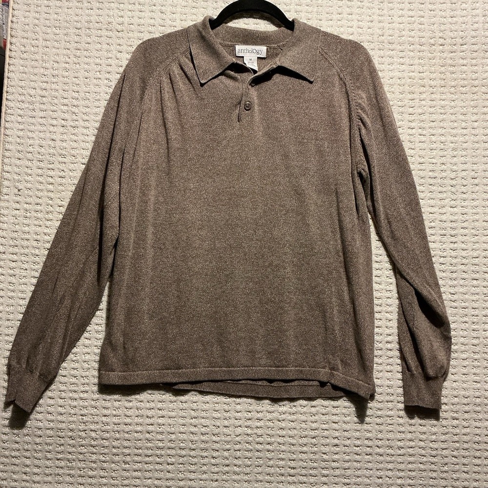 Anthology Man Silk Henley Sweater Oatmeal/Ecru‎ M Light Brown Preppy